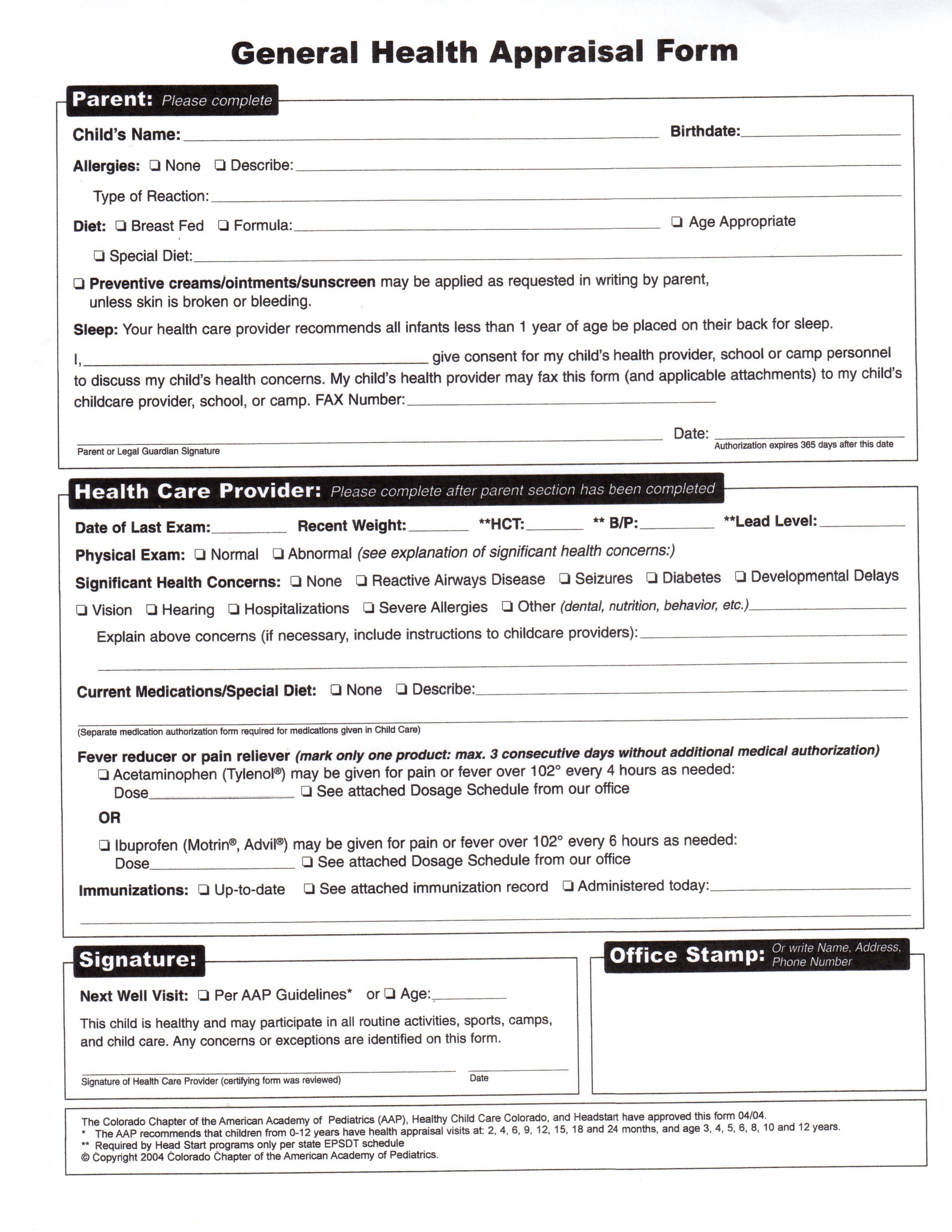 General Health Appraisal Form 2015 Augustana Lutheran Church Denver CO